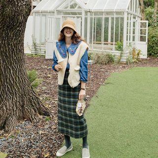 Band-waist Plaid Long Skirt Khaki - One Size