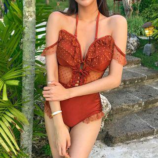 Mesh Panel Lace-up Swimsuit