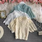 Short Sleeve Stand Collar Crochet Lace Crop Top