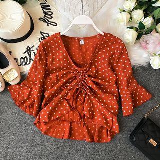 Elbow-sleeve Polka Dot Chiffon Top