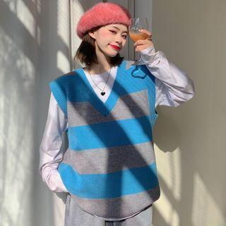 Smiley Face Striped Sweater Vest Sweater Vest - Stripes - Blue - One Size