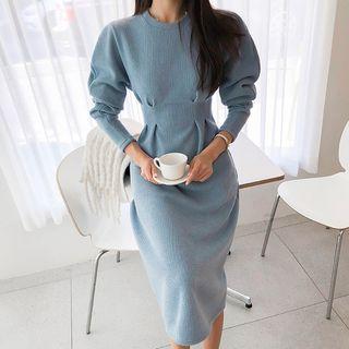 Puff-sleeve Knit A-line Long Dress