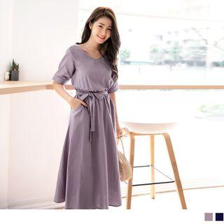 Tie-waist V-neck Midi Dress