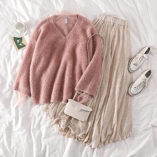 Plain V-neck Sweater / Mock-neck See-through Sheer Top / Floral Midi Skirt