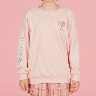 Heart Print Lettering Sleeve Pullover