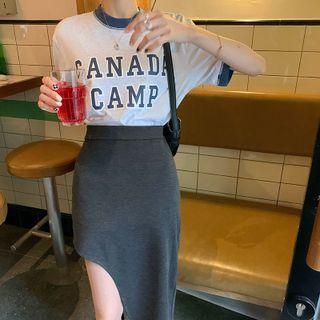 Short Sleeve Contrast Trim Lettering Print Tee