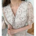 Floral Short-sleeve Shirred Midi Sheath Dress