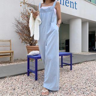 Square-neck Shirred Denim Overall Pants Light Blue - One Size