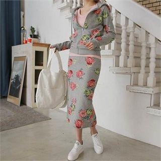Set: Floral Print Hoodie + Midi Skirt