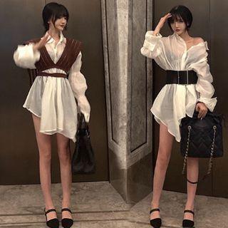 Shirred Shirt / Striped Knit Cropped Vest