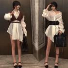 Shirred Shirt / Striped Knit Cropped Vest