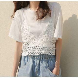 Set: Short-sleeve Plain T-shirt + Crochet Knit Camisole Top