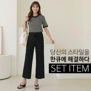 Set: Striped Knit Top + Beribboned Wide-leg Pants