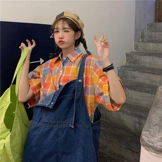 Short-sleeve Plaid Shirt Orange - One Size