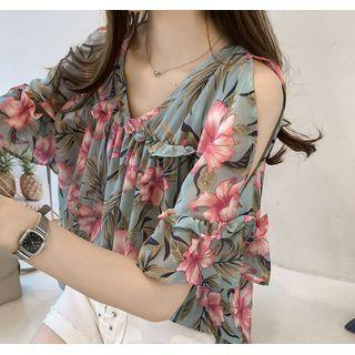 Flower Print Cold-shoulder Bell-sleeve Blouse
