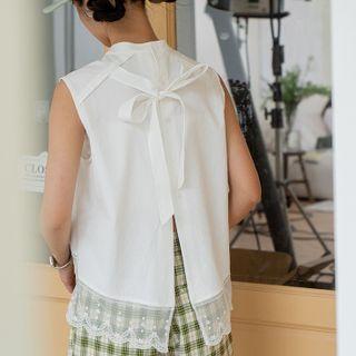 Sleeveless Bow-back Lace Trim Blouse