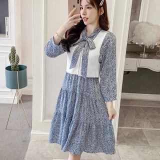 Set: Long-sleeve Floral Midi A-line Dress + Vest