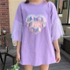 Sequined Applique Mesh Panel Elbow-sleeve T-shirt
