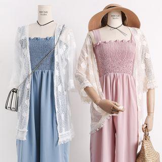 Lightweight Open-front Embroidered Lace Long Jacket