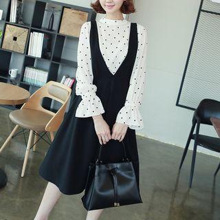 Set: Dotted Long-sleeve Top + Sleeveless Dress