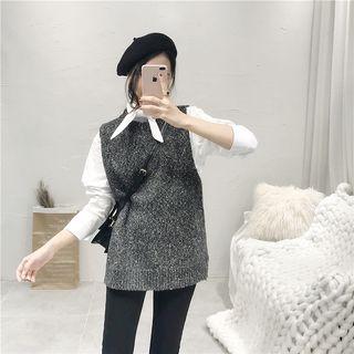 Set: Tie-neck Plain Shirt + M Lange Knit Vest