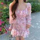 Long-sleeve Square Neck Floral Print Ruched Chiffon Mini Dress Pink - One Size