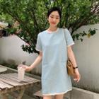 Short Sleeve Round Neck Contrast Trim Plain Dress Blue - One Size