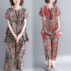 Set: Print Short-sleeve Top + Wide-leg Pants