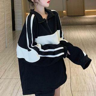 Color Panel Mock Neck Sweatshirt Black - One Size