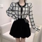 Plaid Crewneck Single-breasted Long-sleeve Knit Cardigan / Plain High-waist Velvet A-line Skirt