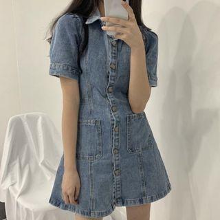 Short-sleeve Cutout-back Mini Denim Shirtdress