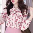 Tie-neck Floral Ruffled Chiffon Blouse