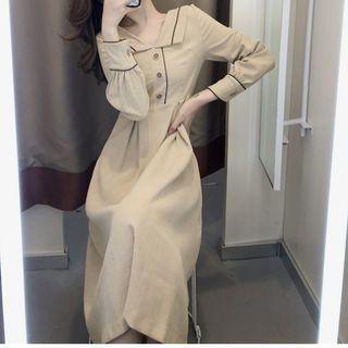 Long-sleeve Contrast Trim Midi Shirtdress
