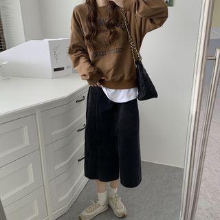 Lettering Print Sweatshirt / Midi A-line Denim Skirt