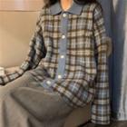 Plaid Collared Cardigan Plaid - Vintage Navy Blue - One Size