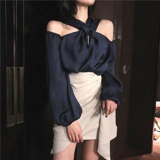 Plain Long-sleeve Halter Top / Irregular Slim-fit Skirt