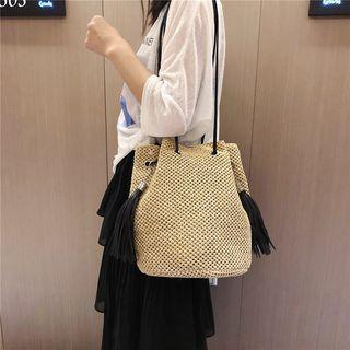 Woven Fringed Bucket Bag Khaki - One Size