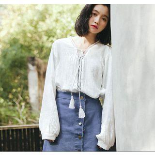 Tie-neck Tassel Lantern-sleeve Blouse White - One Size