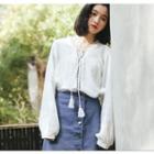 Tie-neck Tassel Lantern-sleeve Blouse White - One Size