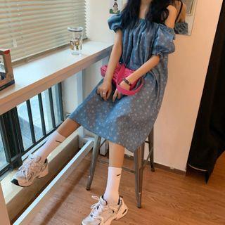 Floral Denim Short-sleeve Mid A-line Dress