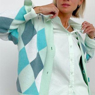 Long Sleeve Argyle Print Color-block Cardigan