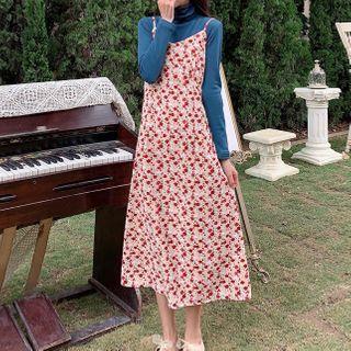 Spaghetti Strap Floral Midi A-line Dress / Turtleneck Long-sleeve T-shirt