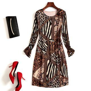 Long-sleeve Animal Print Paneled A-line Midi Dress