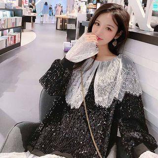 Long-sleeve Sequined Mock Two-piece Lace Dress