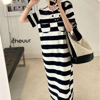 Short-sleeve Striped Midi Dress As Figure - One Size