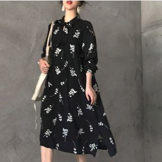 Floral Long-sleeve Midi A-line Dress Black - One Size