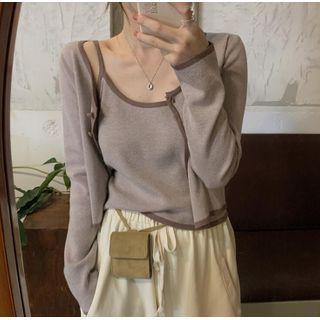Set: Contrast Trim Knit Camisole Top + Cardigan