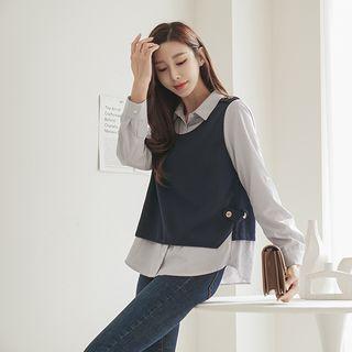 Inset Vest Button-trim Striped Shirt