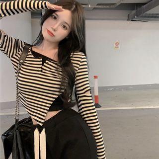 Long-sleeve Striped Irregular Crop Top Stripes - Black & White - One Size