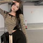 Long-sleeve Striped Irregular Crop Top Stripes - Black & White - One Size